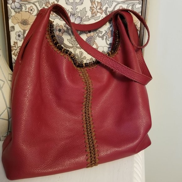 The Sak Huntley Leather Hobo Shoulder Bag Tote, Red, Bead Trim, Artsy Boho